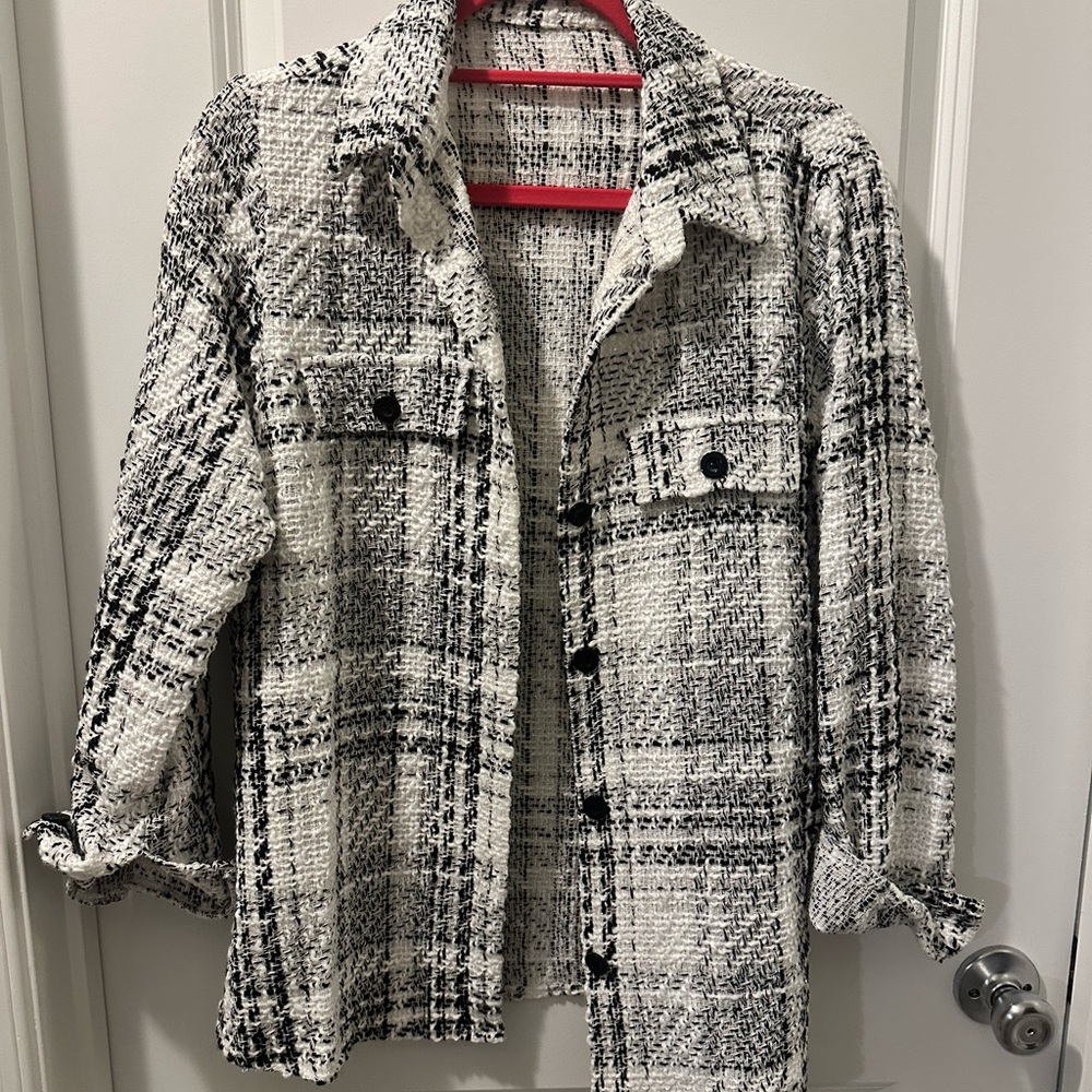 Black and White Teddy Jacket with Plaid Design